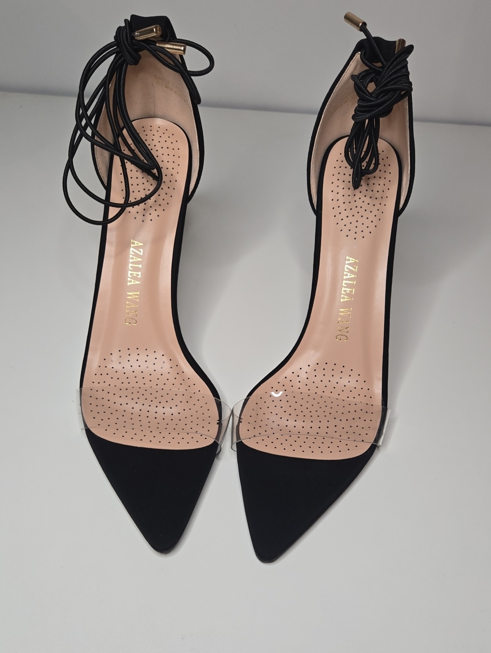 Azalea Wang Black And Clear Pointed Toe Lace Up Heels Sz 10 BinD